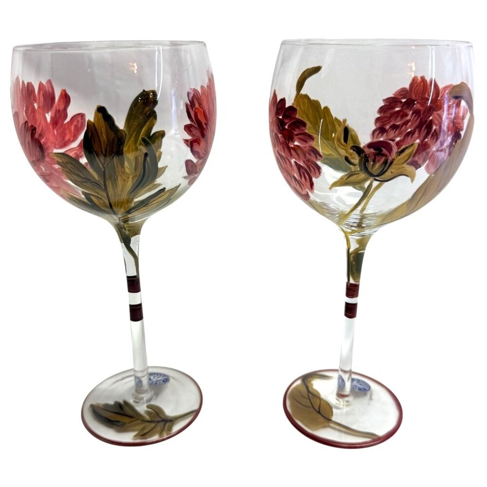 2 BLOCK Basics Hand Painted Floral Balloon Wine Goblets Glass Mum Chrysanthemum - Picture 5 of 8